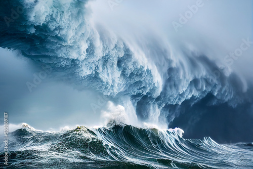 Apocalyptic dramatic background, giant tsunami waves, dark stormy sky, Tornado. Huge waves Tsunami Big waves. 3d render 