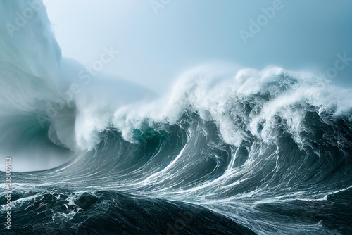 Apocalyptic dramatic background, giant tsunami waves, dark stormy sky, Tornado. Huge waves Tsunami Big waves. 