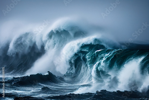 Obraz na płótnie Apocalyptic dramatic background,  giant tsunami waves, dark stormy sky, Tornado