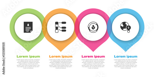 Set Oil drop document, Soil analysis, and Global planet with bulb. Business infographic template. Vector