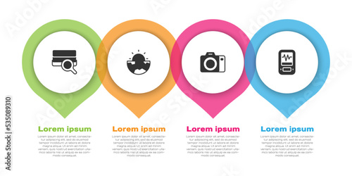 Set Soil analysis, Earth core structure crust, Photo camera and Seismograph. Business infographic template. Vector