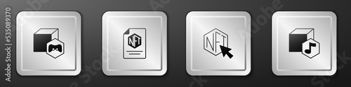Set NFT Digital crypto art, contract, and icon. Silver square button. Vector
