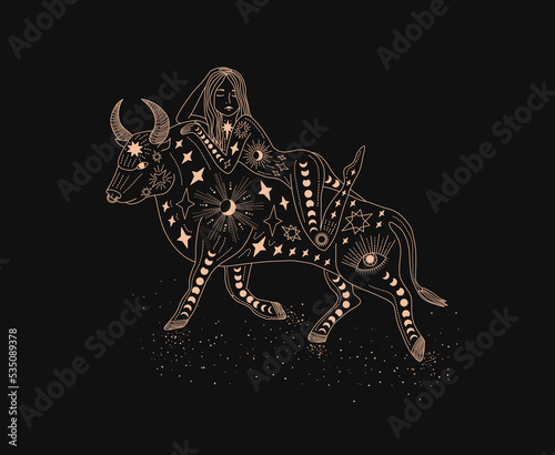 Zodiac sign Taurus. Silhouette of a golden astrological sign; on a dark background. Magic illustration. A woman rides a bull. Logo in modern style. Boho design templates. magical drawings.