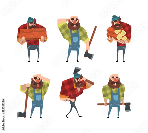 Set of lumberjacks holding axes. Loggers or woodcutters male characters in plaid shirts cartoon vector illustration