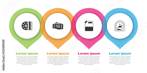 Set Car tire wheel, Check engine, Canister for gasoline and Motor gauge. Business infographic template. Vector