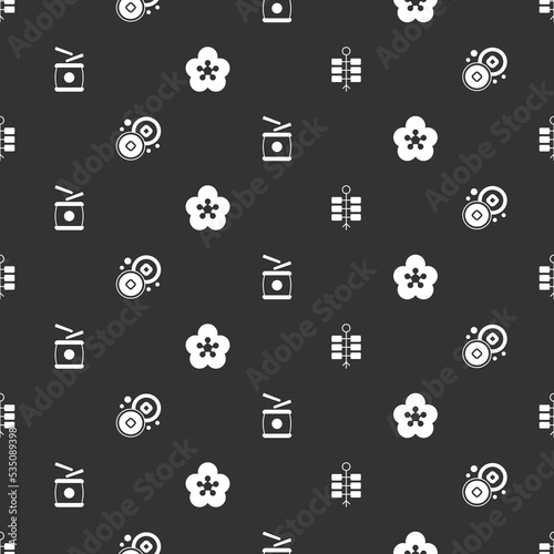 Set Firework, Chinese Yuan currency, drum and Lotus flower on seamless pattern. Vector