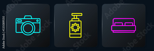 Set line Photo camera, Hotel room bed and Sunscreen spray bottle. Black square button. Vector
