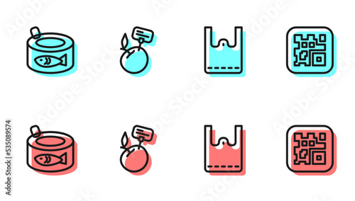 Set line Paper shopping bag, Canned fish, Supermarket food products with price label and QR code icon. Vector