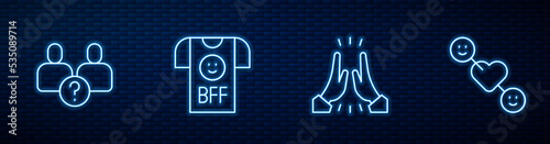 Set line Informal greeting, Complicated relationship, BFF best friends forever and Romantic. Glowing neon icon on brick wall. Vector