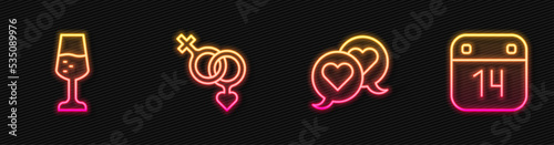 Set line Heart in speech bubble, Glass of champagne, Gender and Calendar with February 14. Glowing neon icon. Vector