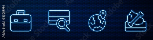 Set line Location on the globe, Briefcase, Soil analysis and Archeology. Glowing neon icon on brick wall. Vector