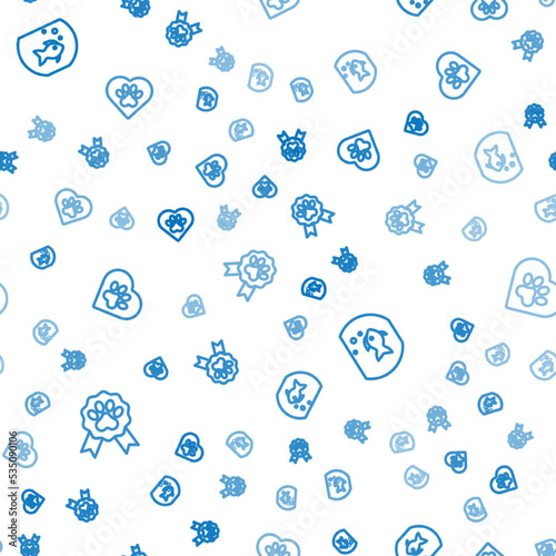 Set line Pet award symbol, Aquarium with fish and Heart animals footprint on seamless pattern. Vector