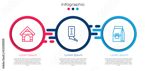 Set line Dog house, Drinker for small pets and Bag of food. Business infographic template. Vector