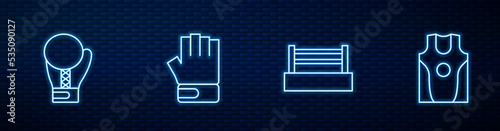 Set line Boxing ring, glove, MMA and jersey and t-shirt. Glowing neon icon on brick wall. Vector