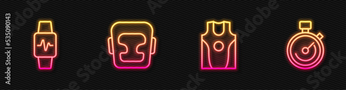 Set line Boxing jersey and t-shirt, Smart watch with heart, helmet and Stopwatch. Glowing neon icon. Vector