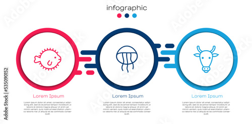 Set line Puffer fish, Jellyfish and Cow head. Business infographic template. Vector