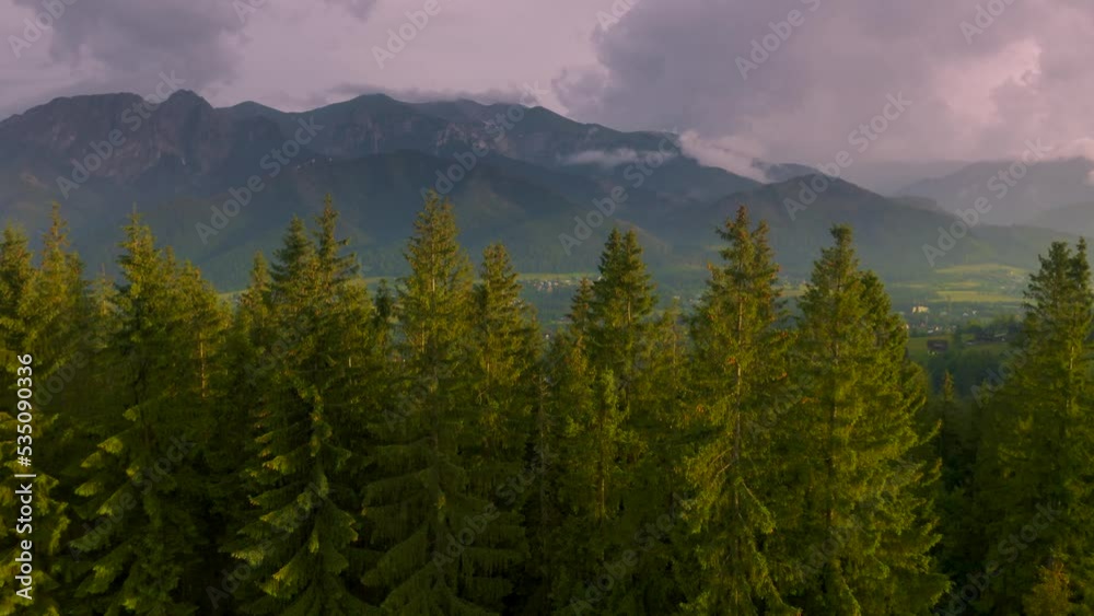 Aerial reveal of town of Zakopane. Poland. View from Gubalowka with Tatra mountain range on the horizon. Aerial reveal of town of Zakopane. Poland. View from Gubalowka with Tatra mountain range on the horizon.