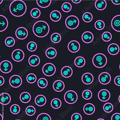 Line Mars symbol icon isolated seamless pattern on black background. Astrology, numerology, horoscope, astronomy. Vector