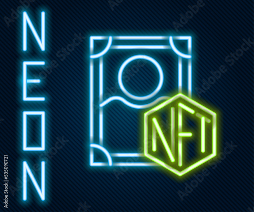 Glowing neon line NFT Digital crypto art icon isolated on black background. Non fungible token. Colorful outline concept. Vector