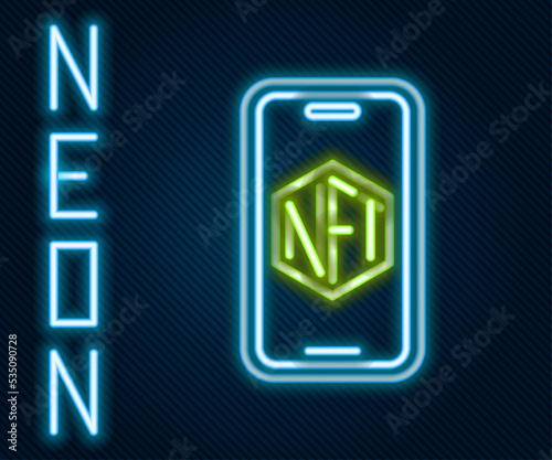 Glowing neon line Mobile with art store app icon isolated on black background. Technology of selling NFT tokens for cryptocurrency. Non fungible token. Colorful outline concept. Vector