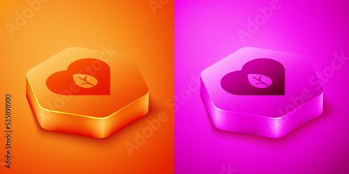 Isometric Vegan food diet icon isolated Isometric background. Organic, bio, eco symbol. Vegan, no meat, lactose free, healthy, fresh and nonviolent food. Hexagon button. Vector