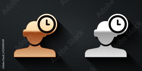 Gold and silver Insomnia icon isolated on black background. Sleep disorder with capillaries and pupils. Fatigue and stress. Long shadow style. Vector