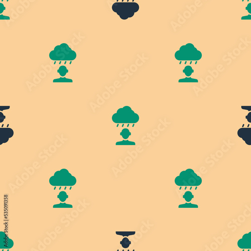 Green and black Depression and frustration icon isolated seamless pattern on beige background. Man in depressive state of mind. Mental health problems. Vector