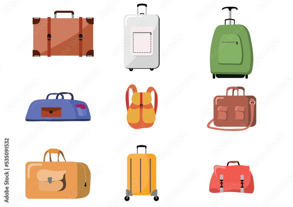  A bag set isolated on white background.Luggage tourists fashioned colored objects bags.travellers,vector,travel,suitcases,business cases,travel luggage,vector for luggage and travel.
