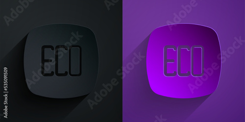 Paper cut Leaf Eco symbol icon isolated on black on purple background. Banner, label, tag, logo, sticker for eco green. Paper art style. Vector