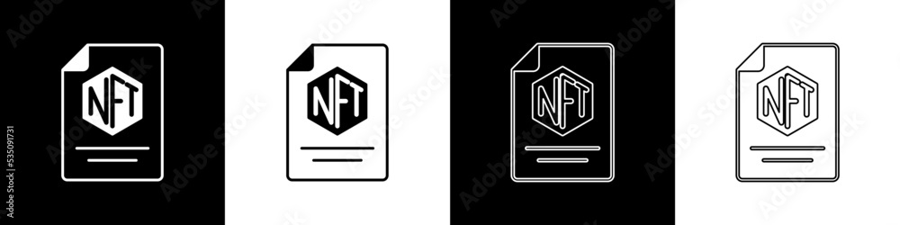 Set NFT contract icon isolated on black and white background. Non fungible token. Digital crypto art concept. Vector - obrazy, fototapety, plakaty 