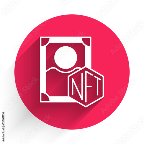 White NFT Digital crypto art icon isolated with long shadow background. Non fungible token. Red circle button. Vector