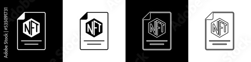 Set NFT contract icon isolated on black and white background. Non fungible token. Digital crypto art concept. Vector