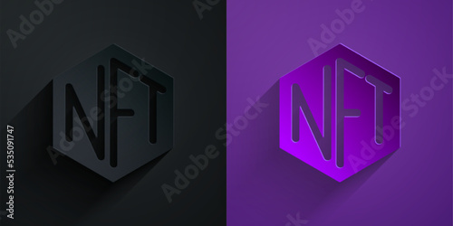 Paper cut NFT Digital crypto art icon isolated on black on purple background. Non fungible token. Paper art style. Vector
