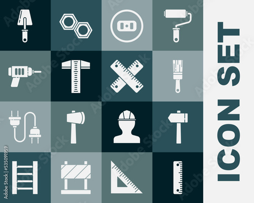 Set Ruler, Hammer, Paint brush, Electrical outlet, T-square line, drill machine, Trowel and Crossed ruler icon. Vector photo