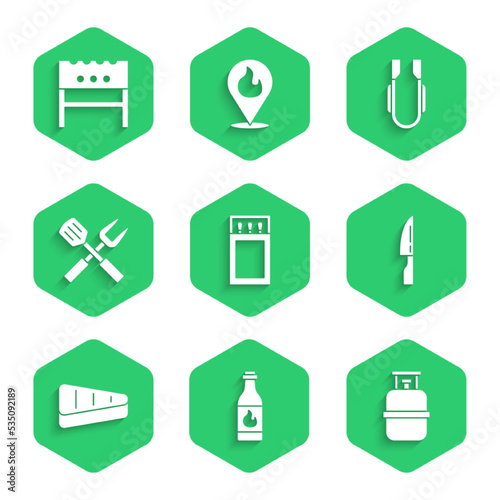 Set Matchbox and matches, Tabasco sauce, Propane gas tank, Barbecue knife, Steak meat, Crossed fork spatula, Meat tongs and BBQ brazier icon. Vector