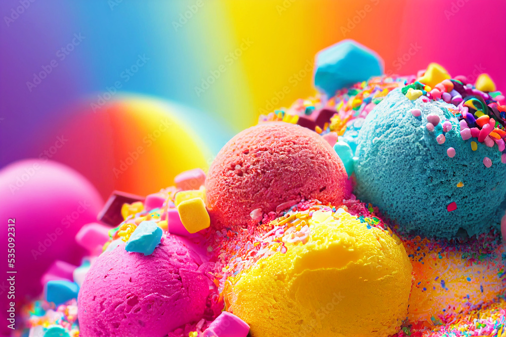 Colorful ice cream rainbow with topping for food background. Stock