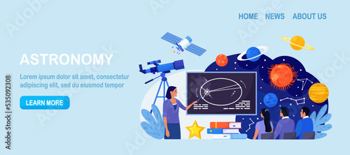 Astronomy  astronomical observation. Pupils at astronomy class in planetarium. Children learning planets  universes. Students studying galaxy through telescope  watching meteors constellation of stars