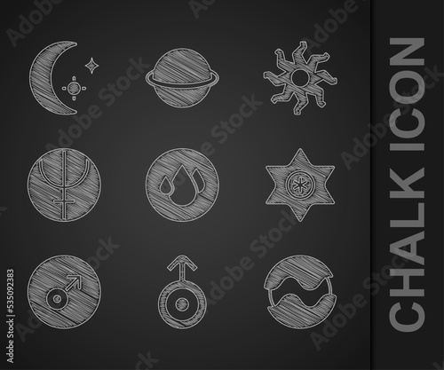 Set Water drop, Symbol Uranus, Planet, Falling star, Mars symbol, Neptune planet, Sun and Moon and stars icon. Vector
