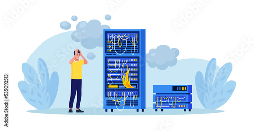 System administrator fixing  pc server, network connection. Worried sysadmin looking at burning computer datacenter. System critical failure. High temperature overheat error. Problem solving skills