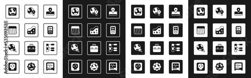 Set Oilfield, Ground, Earth globe, Seismograph, Global planet with bulb, Soil analysis and Magnifying glass icon. Vector