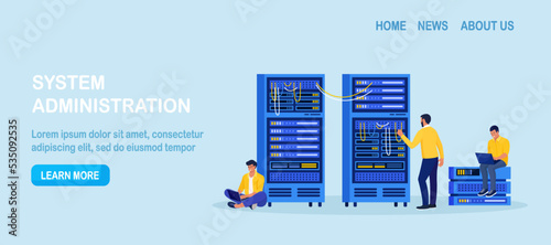 System administrator upkeeping server, adjusting network, PC hardware. Sysadmin repairing computer. Administration, data center maintenance service. Repairman doing technical work with server rack