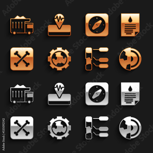 Set Gear wheels and earth, Oil drop document, Earth core structure crust, Soil analysis, Archeology, Compass, Mining dump truck and Earthquake icon. Vector