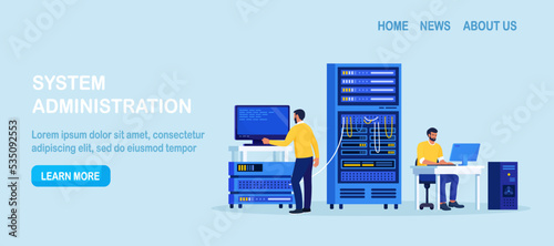 System administrator upkeeping server, adjusting network, PC hardware. Sysadmin repairing computer. Administration, data center maintenance service. Repairman doing technical work with server rack