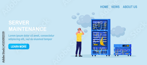 System administrator fixing  pc server, network connection. Worried sysadmin looking at burning computer datacenter. System critical failure. High temperature overheat error. Problem solving skills