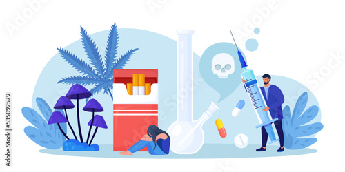 Addiction. Life-threatening condition. Sad people in depression, stress  addicted to drugs, narcotic and psychotropic substances, tobacco. Addict woman with strong hangover. Alcoholism and narcology