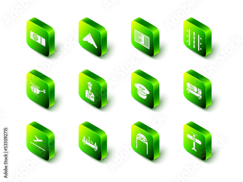 Set Jet fighter, Airport board, runway, Fuel tanker truck, Plane, Pilot hat, Aviator with goggles and luggage towing icon. Vector