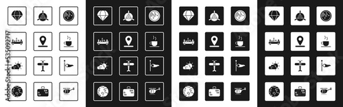 Set Radar with targets on monitor, Location, Airport luggage towing truck, Parachute, Coffee cup, Plane propeller, Cone meteorology windsock wind vane and Sun and cloud weather icon. Vector