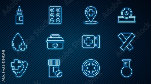 Set line Test tube and flask, Awareness ribbon, Map pointer with cross hospital, First aid kit, Donate drop blood, Bottle nasal spray, Hospital signboard and Pills blister pack icon. Vector