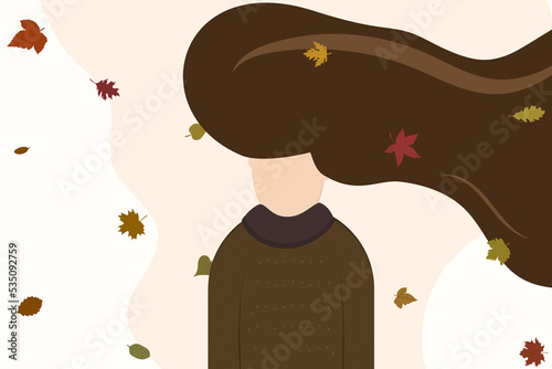 abstract girl with long hair in a sweater, in autumn leaves