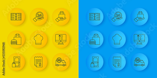 Set line Online ordering and delivery, burger, Chef hat, Fast by car, Restaurant cafe menu, and Clock 24 hours icon. Vector